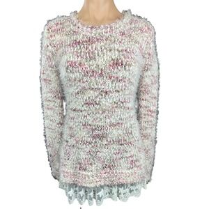 New Directions Pullover Sweater Sz S White/Red Long Sleeve White Embroidery Hem